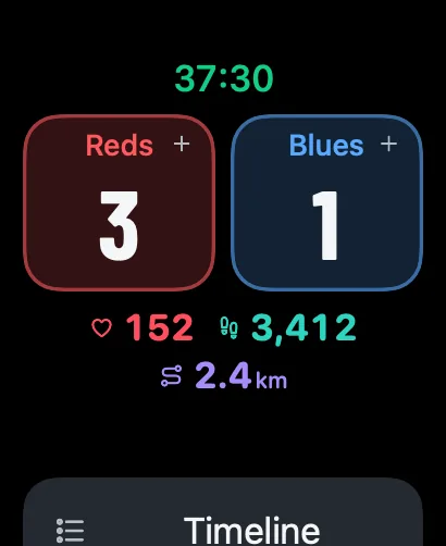 Apple Watch live match screen: Reds 3, Blues 1, with heart rate, steps and distance under the score