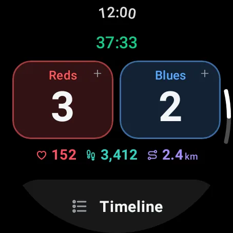 Wear OS live match: Reds 3, Blues 2, with heart rate, steps and distance