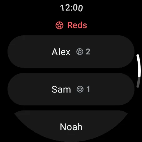 Wear OS scorer list for Reds, with each player's goals